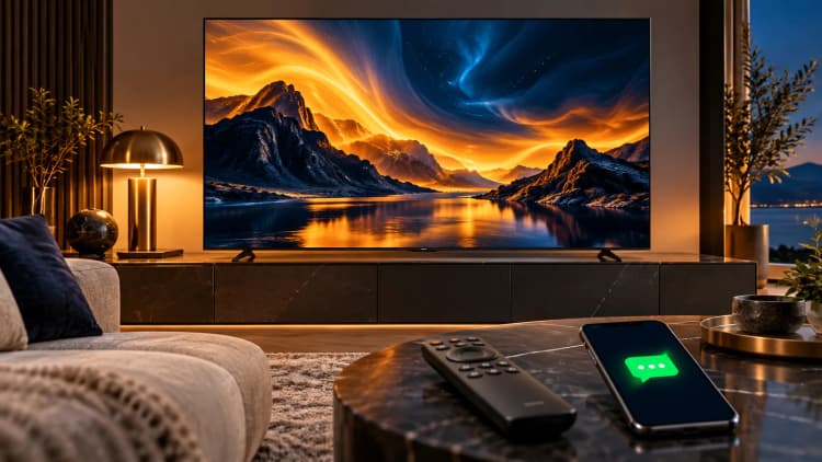 Television with abstract amber and navy light, remote and support phone in a modern living room