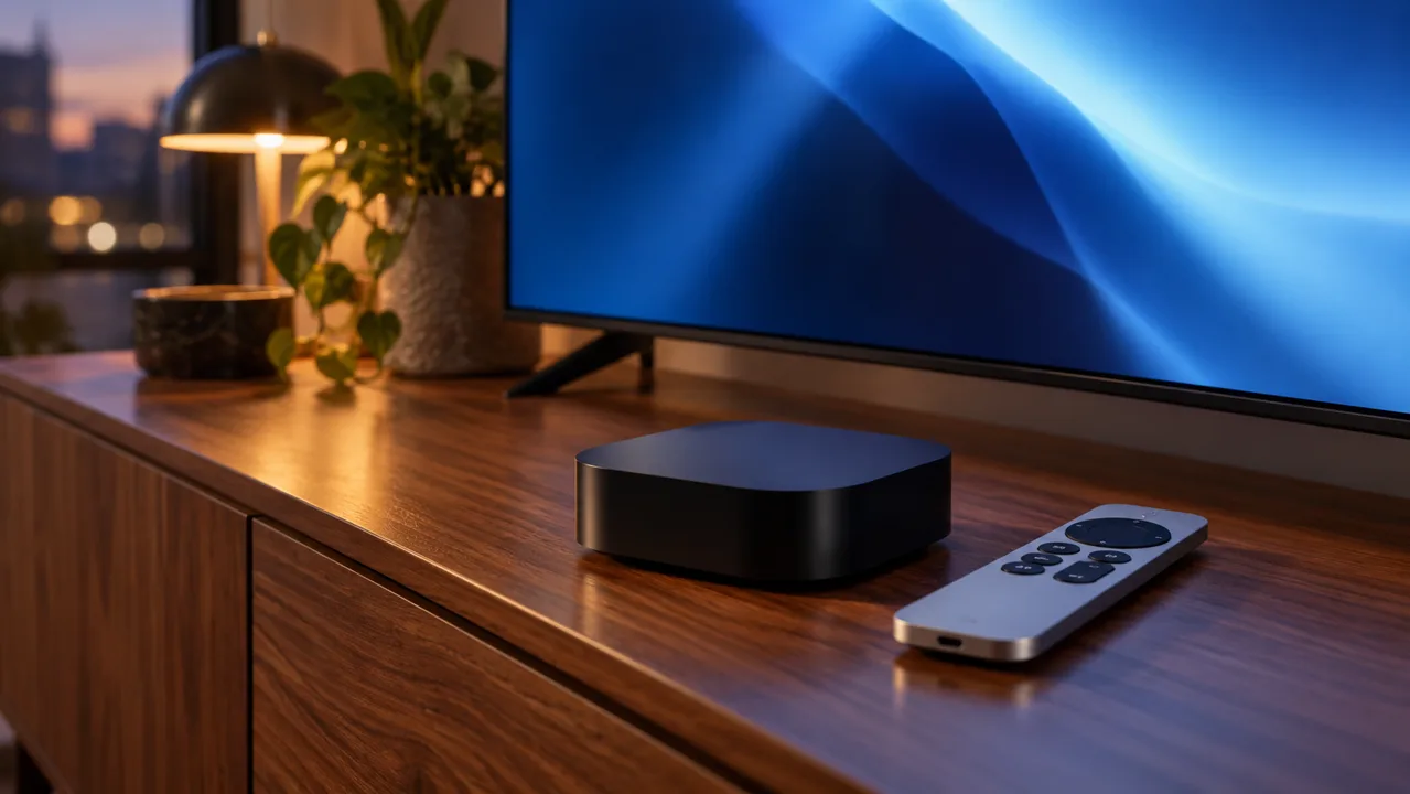 Unbranded streaming box and remote beside a television in a living room