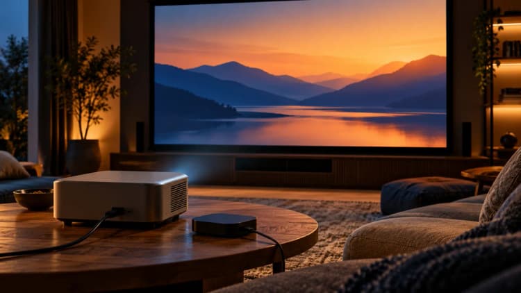 Home cinema projector with a streaming box and an abstract projection screen