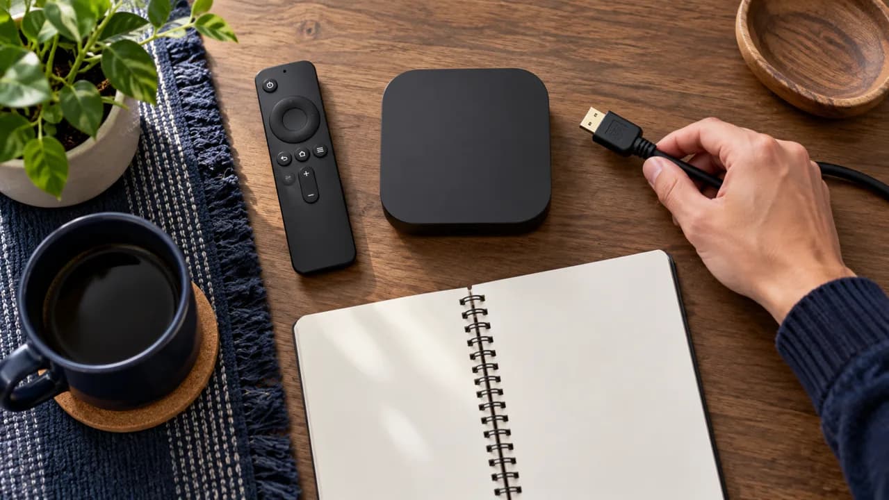 Remote, streaming box and blank notebook prepared for planning a service change